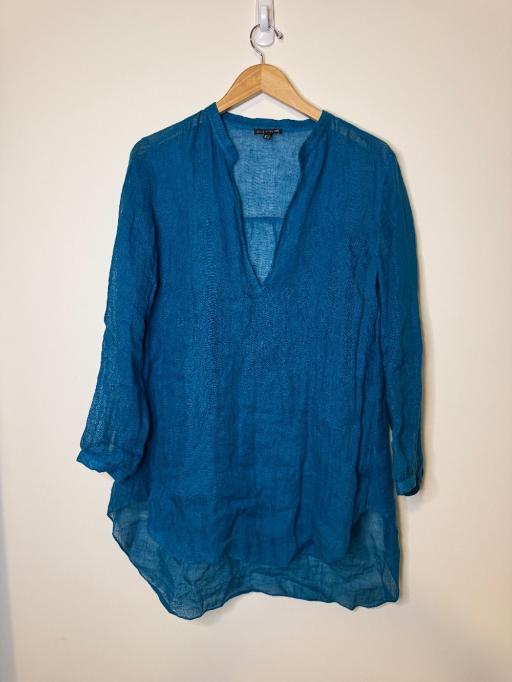 Eileen Fisher Italian Linen V-Neck High-Low Tunic, Teal-Size XS